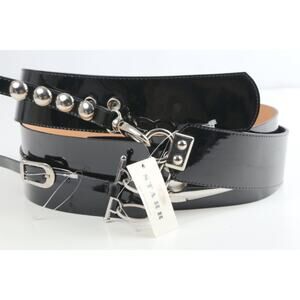 Vintage Set of 2 Black Patent Leather Wide Belts Silver Studded Chain Punk M 85